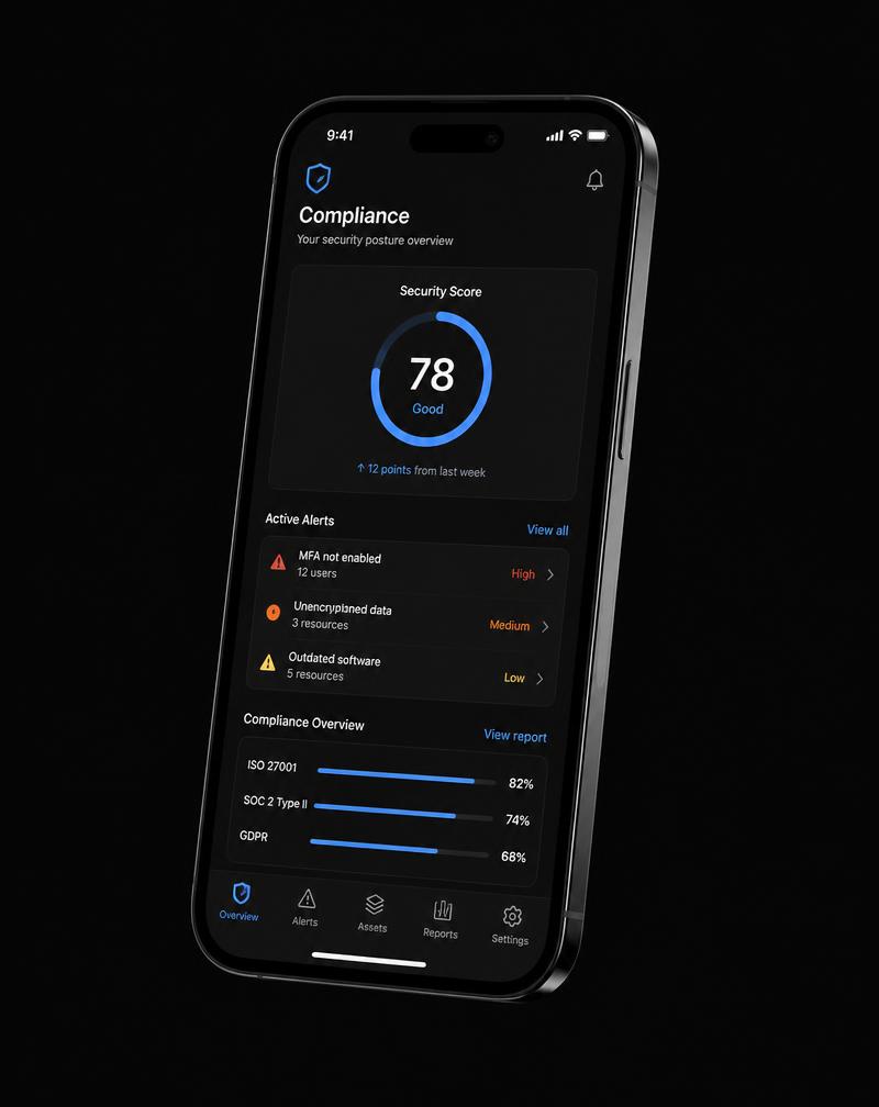 Methorion mobile app showing a security score and alerts